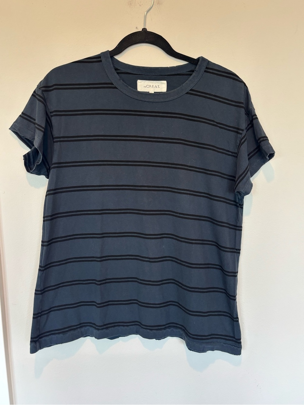 THE GREAT. Navy Blue & Black Boxy Striped Crew Tee